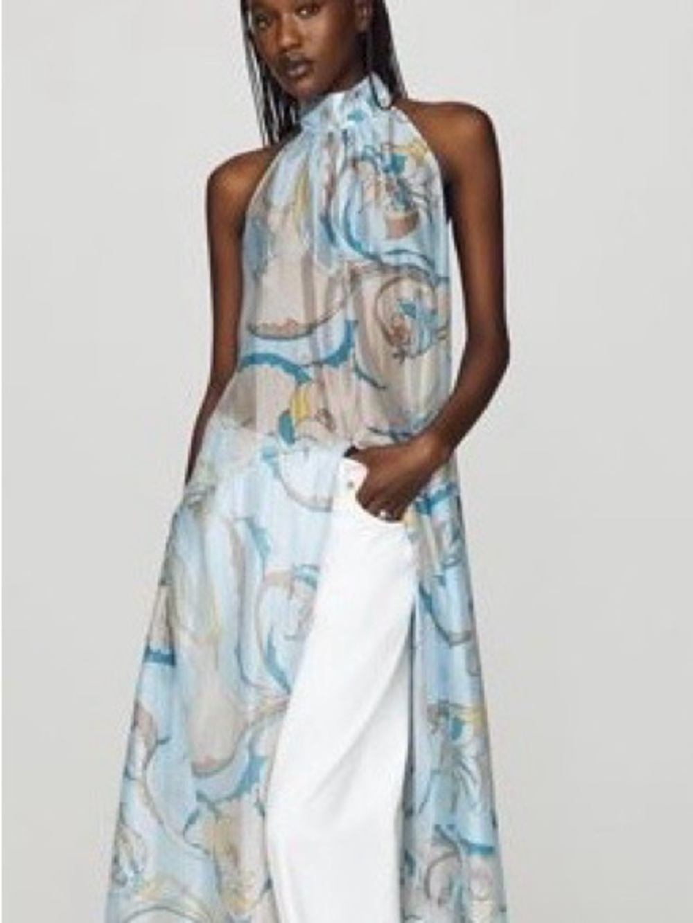 Anthropologie One-Shoulder Marble Print Maxi Dress in Blue and Cream